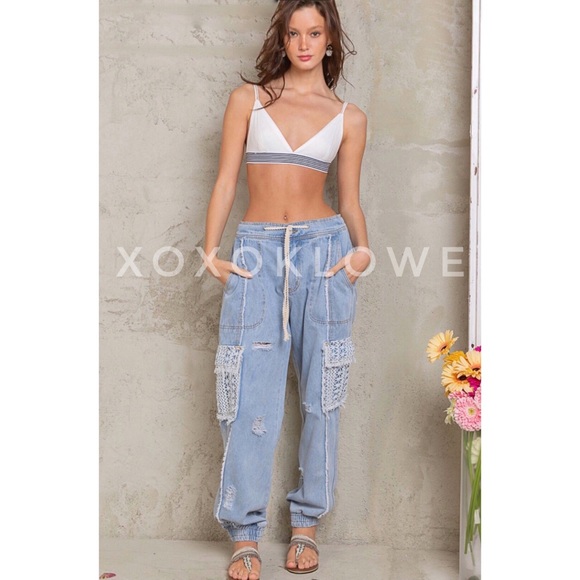 LAST ONE POL Slouchy Denim Jogger Jeans Lace Pockets Distressed - Picture 14 of 16